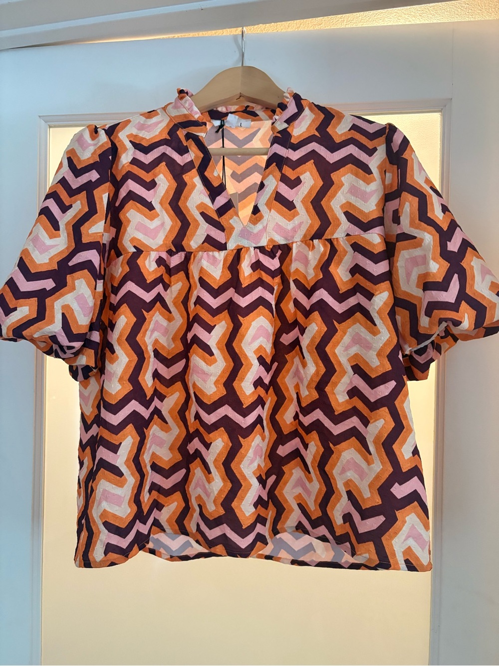 THML Geometric V-Neck Puff Sleeve Tunic in Purple, Orange and Pink